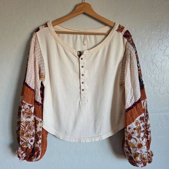 Free People Light Magic Henley Top Patchwork Balloon Sleeves Vanilla Creme Sz XS - Picture 1 of 11